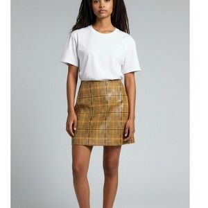 Esqualo Yellow Plaid Coated Mini Skirt Size 8 Glossy Houndstooth Check A-Line